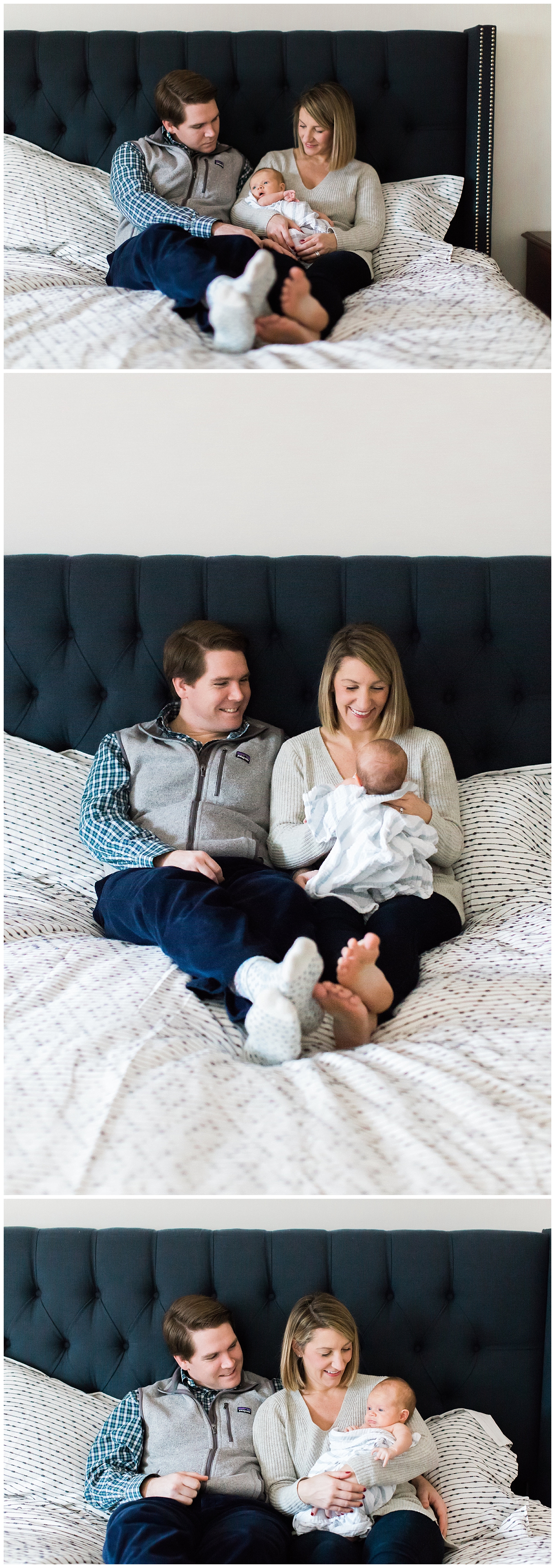Swaddled baby with new mom and dad at a lifestyle newborn session in Duxbury, MA, with Halie Olszowy.