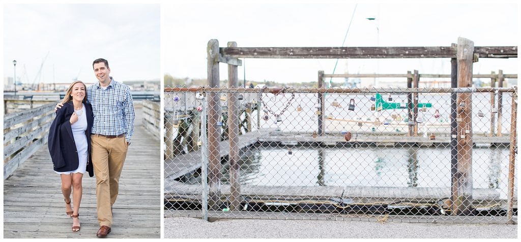 Seacoast, NH engagement photos with love locks at Prescott Park in Portsmouth, NH, photography by halie.