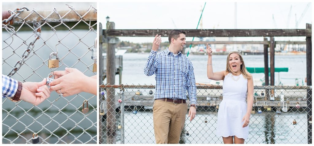 Seacoast, NH engagement photos with love locks at Prescott Park in Portsmouth, NH, photography by halie.