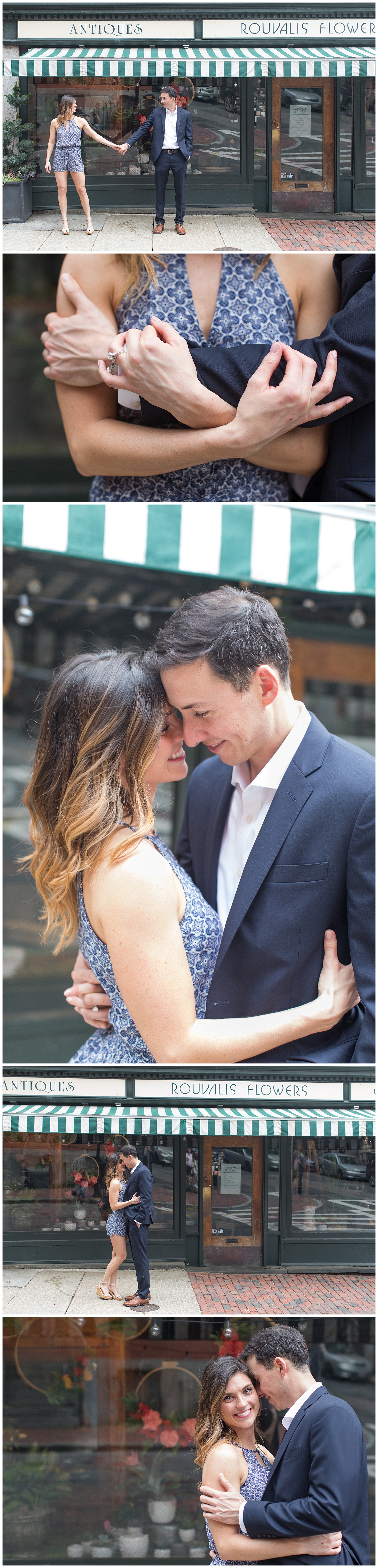 Beacon Hill Boston Engagement Session, in front of Rouvalis Flowers, with photography by Halie Olszowy.