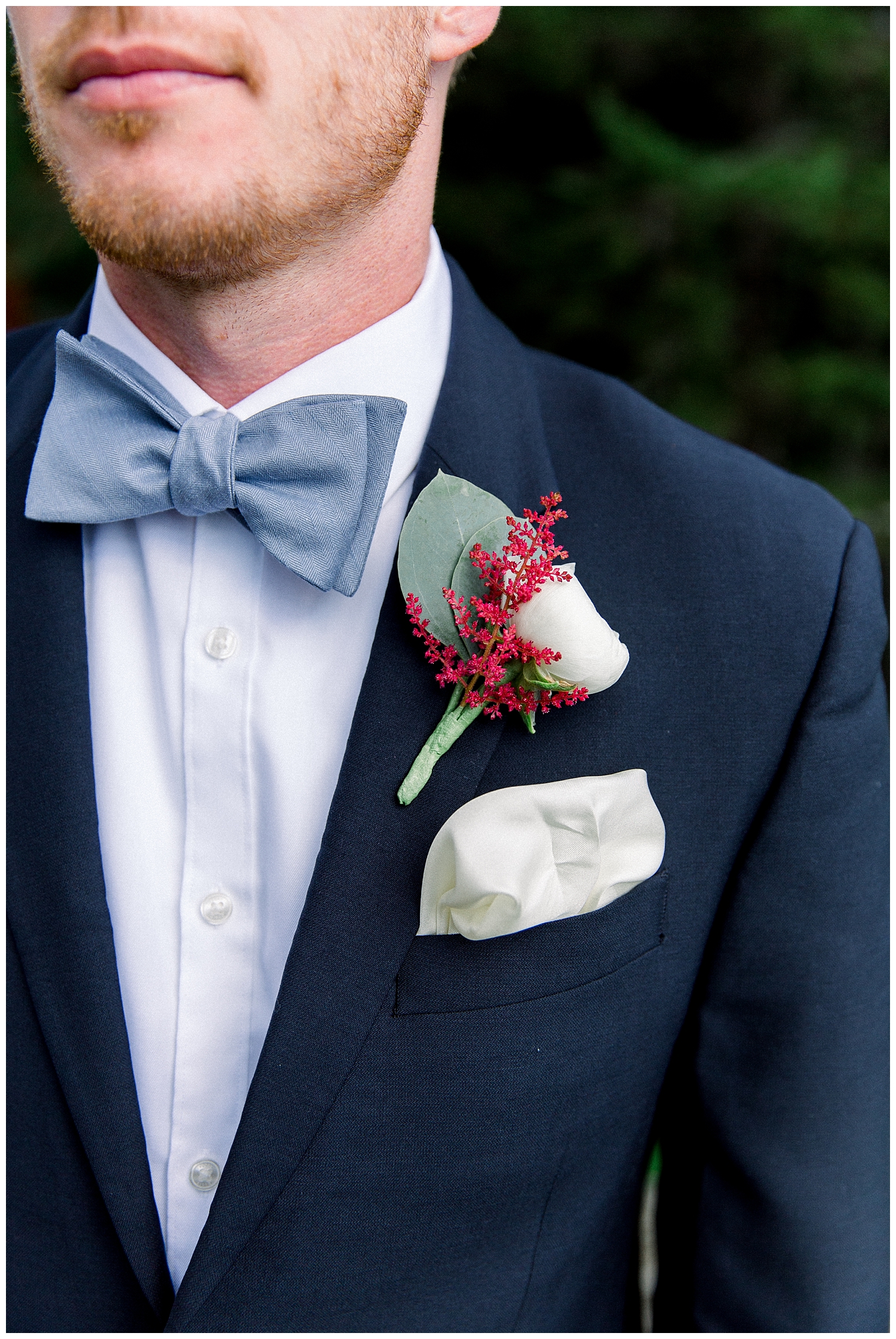 Boutonniere design by Skowhegan Fleuriste in Maine. Sugarloaf Mountain Resort Wedding in Maine, photos by Halie Olszowy.