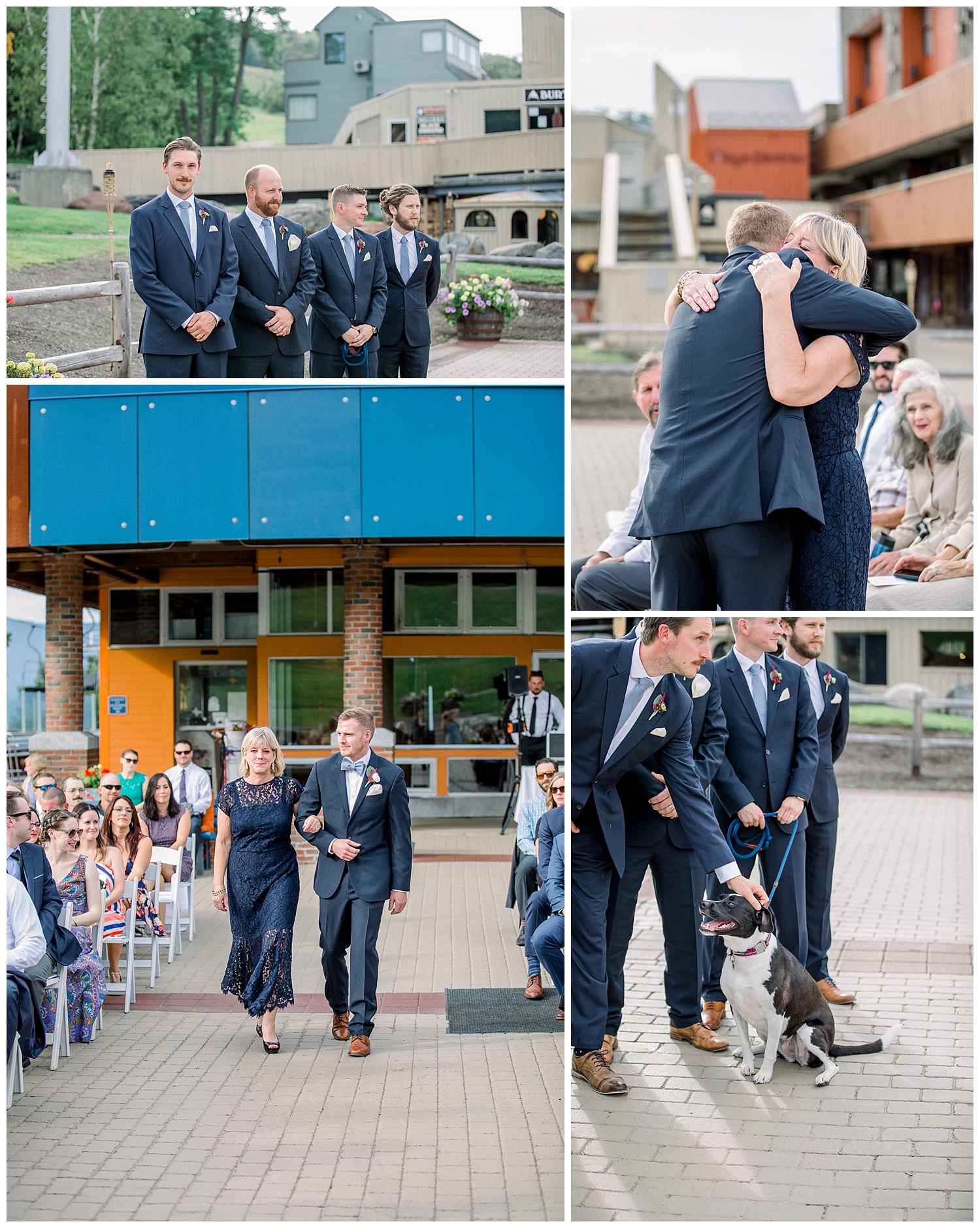 Bridal party coming down the aisle at outside wedding ceremony at Sugarloaf Mountain Resort in Maine, photos by Halie Olszowy.
