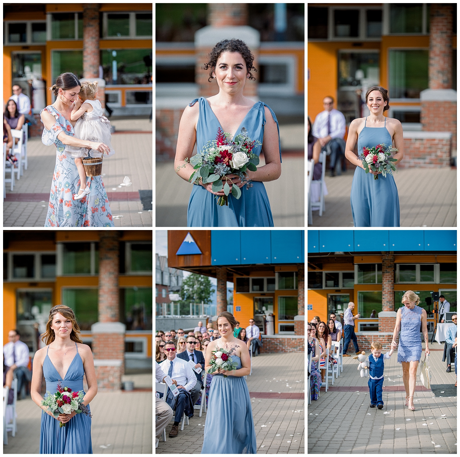 Bridal party coming down the aisle at outside wedding ceremony at Sugarloaf Mountain Resort in Maine, photos by Halie Olszowy.