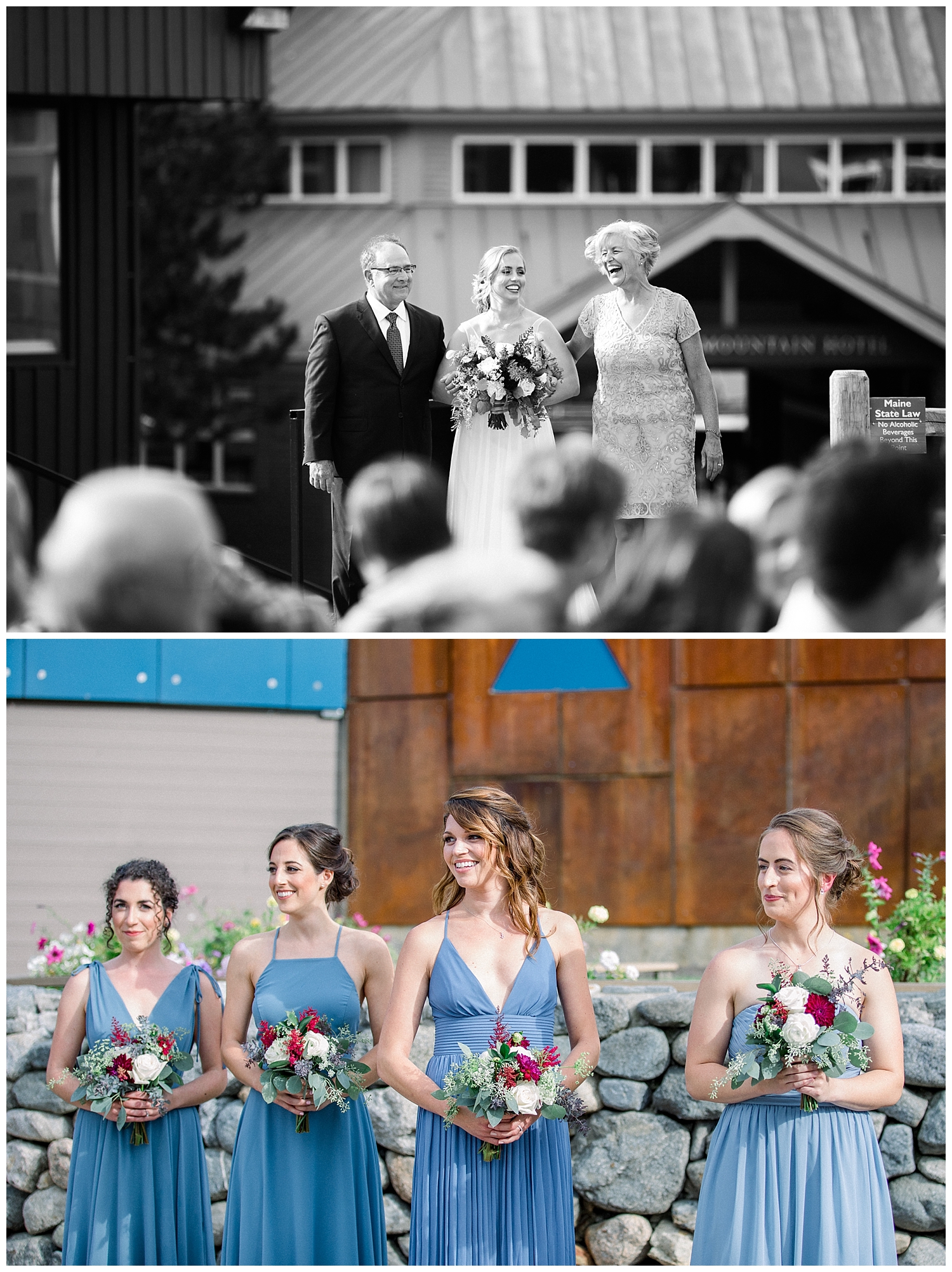 Outside wedding ceremony at Sugarloaf Mountain Resort in Maine, photos by Halie Olszowy.