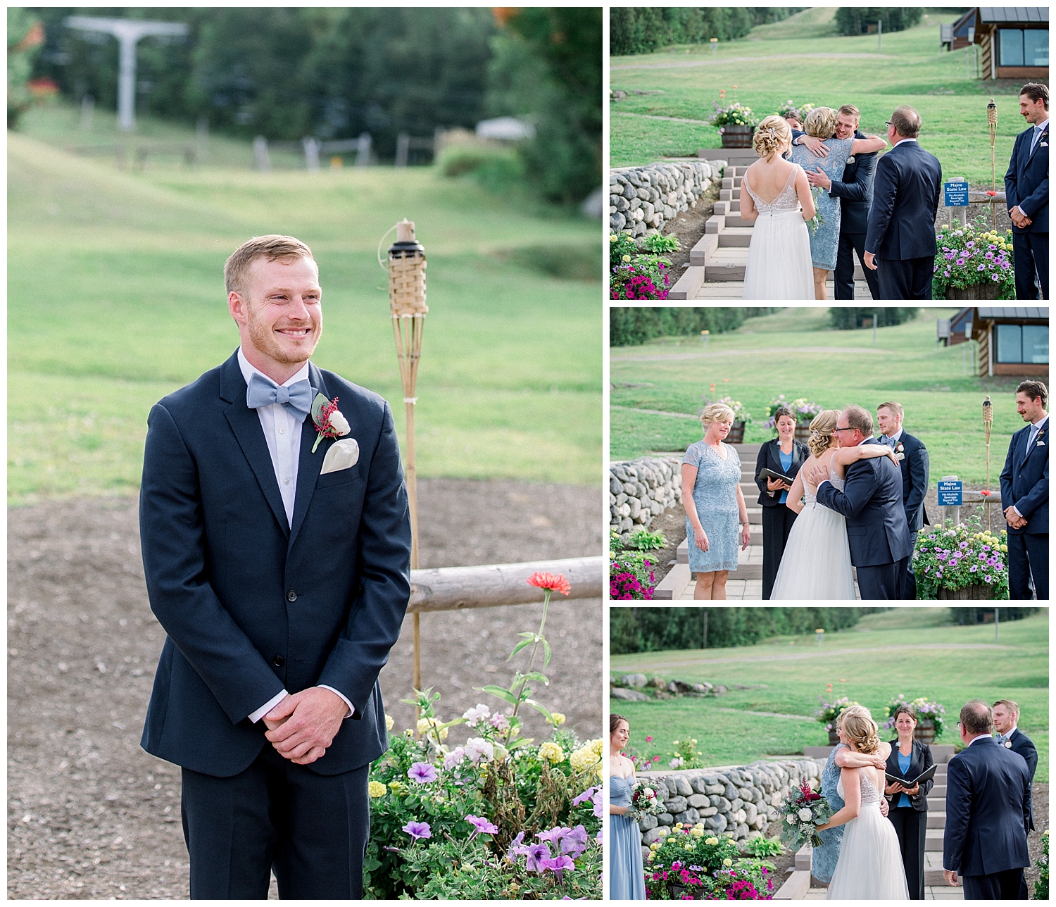 Outside wedding ceremony at Sugarloaf Mountain Resort in Maine, photos by Halie Olszowy.