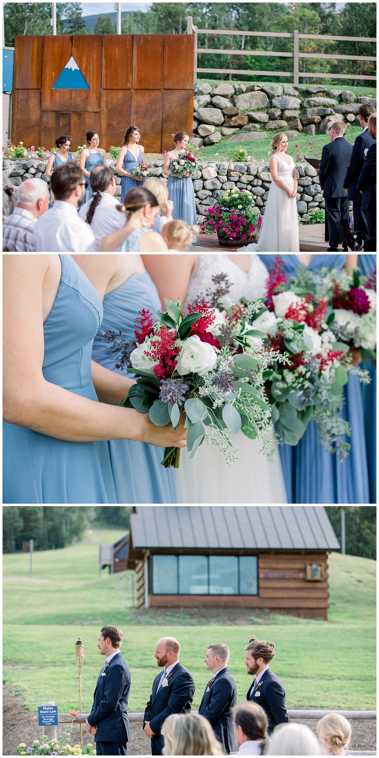 Outside wedding ceremony at Sugarloaf Mountain Resort in Maine, photos by Halie Olszowy.