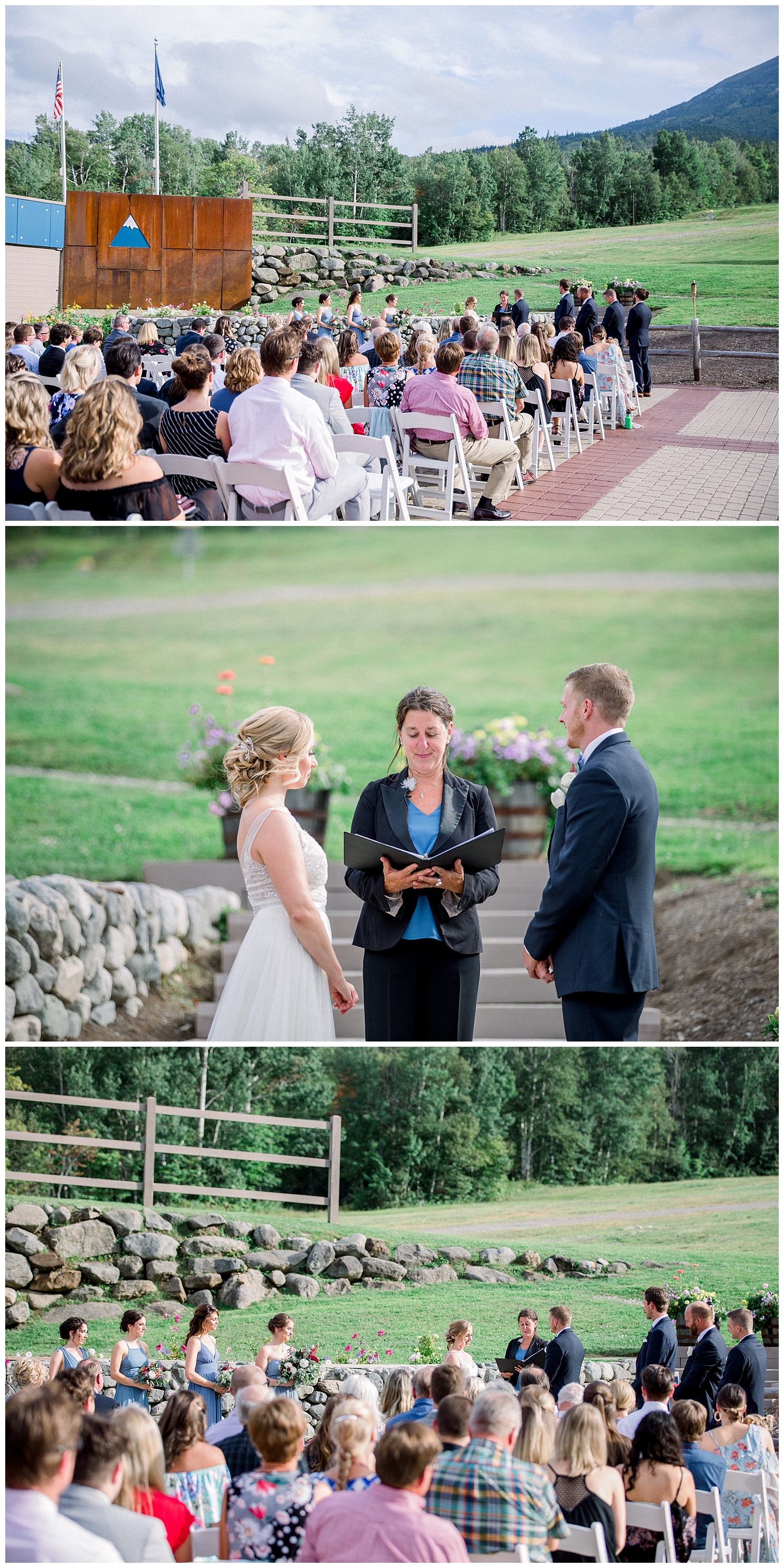 Outside wedding ceremony at Sugarloaf Mountain Resort in Maine, photos by Halie Olszowy.