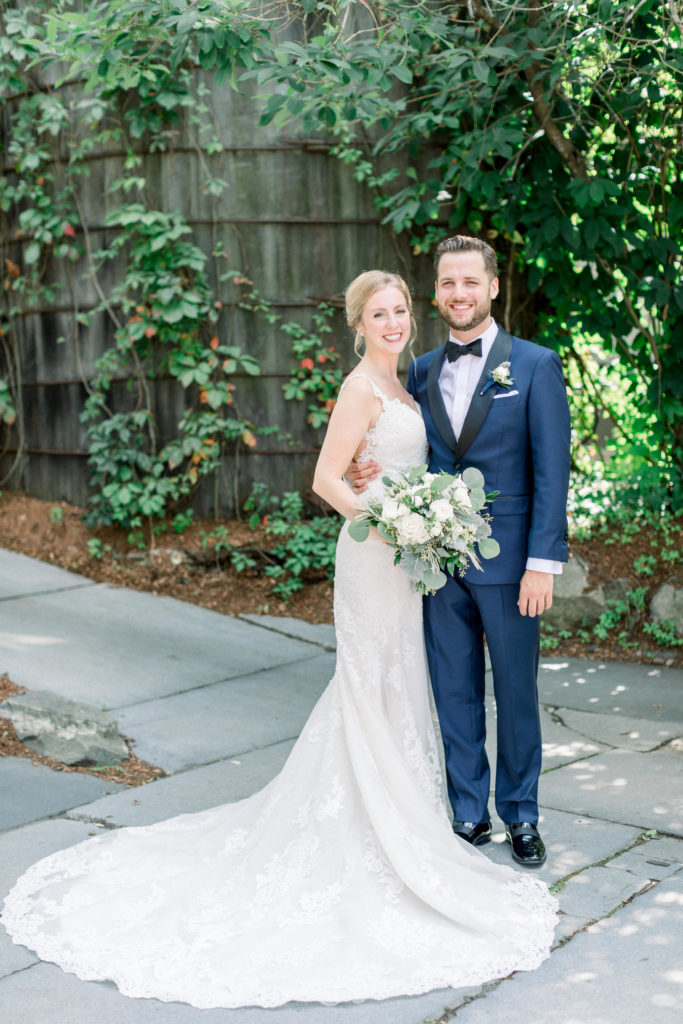 Bedford Village Inn NH Wedding first look Essence of Australia dress and groom's suite from JoS. A. Bank