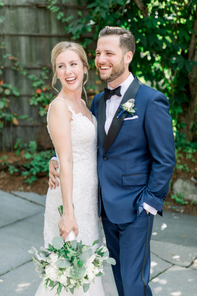 Bedford Village Inn NH Wedding first look Essence of Australia dress and groom's suite from JoS. A. Bank