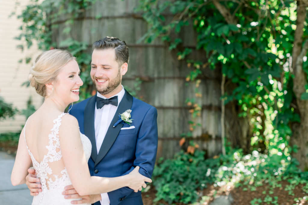 Bedford Village Inn NH Wedding first look Essence of Australia dress and groom's suite from JoS. A. Bank