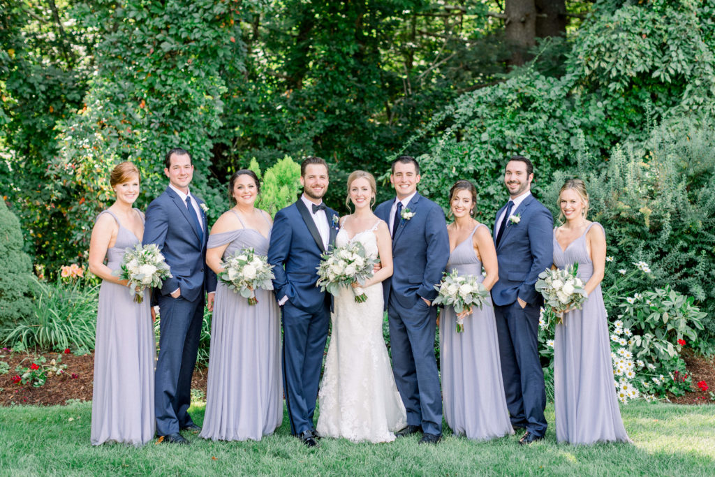 Bedford Village Inn NH Wedding wedding party with Essence of Australia dress and groom's suite from JoS. A. Bank