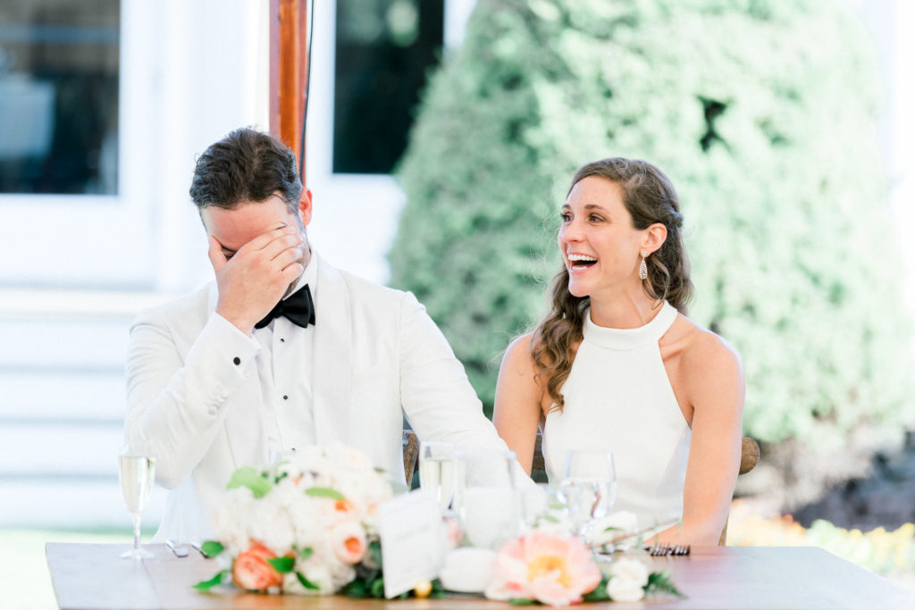 Wentworth by the Sea Country Club Rye NH wedding, BHLDN reception dress, Indochino white tux, Sperry sailcloth tent