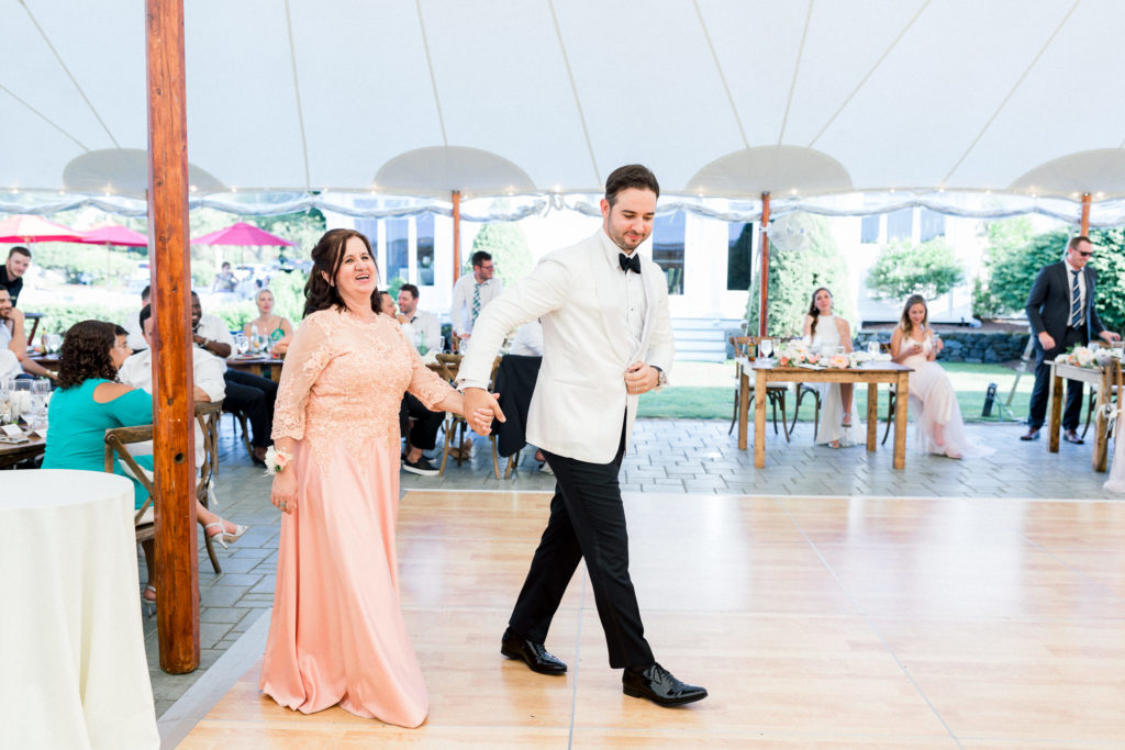 Wentworth by the Sea Country Club Rye NH wedding, BHLDN reception dress, Indochino white tux, Sperry sailcloth tent