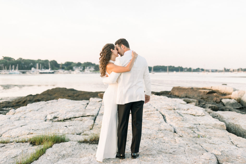 Wentworth by the Sea Country Club Rye NH wedding, BHLDN reception dress, Indochino white tux, ocean sunset photos