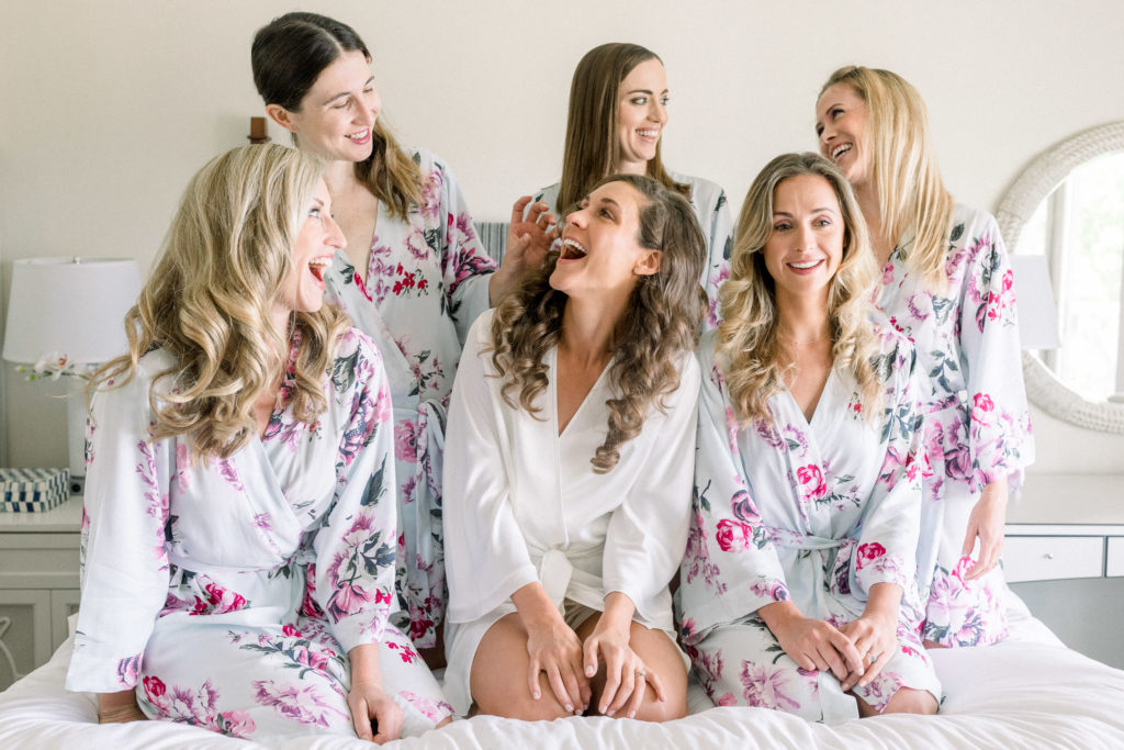 Floral bridesmaids robes at Wentworth by the Sea Country Club NH wedding