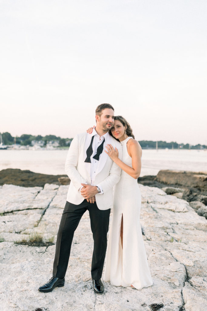 Wentworth by the Sea Country Club Rye NH wedding, BHLDN reception dress, Indochino white tux, ocean sunset photos