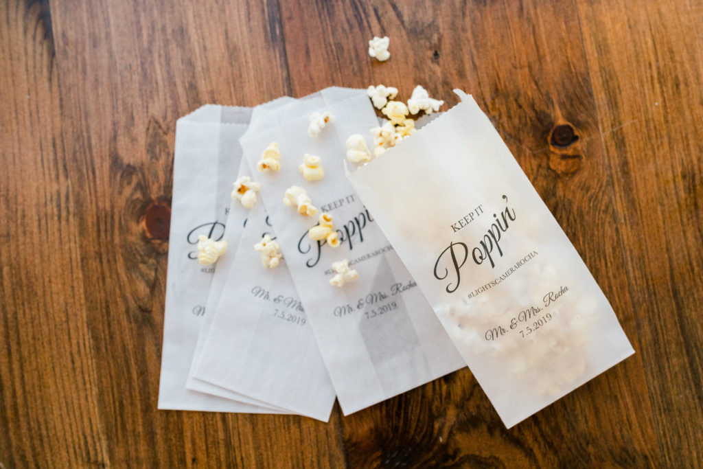 Wentworth by the Sea Country Club Rye NH wedding, cinema themed reception popcorn bags