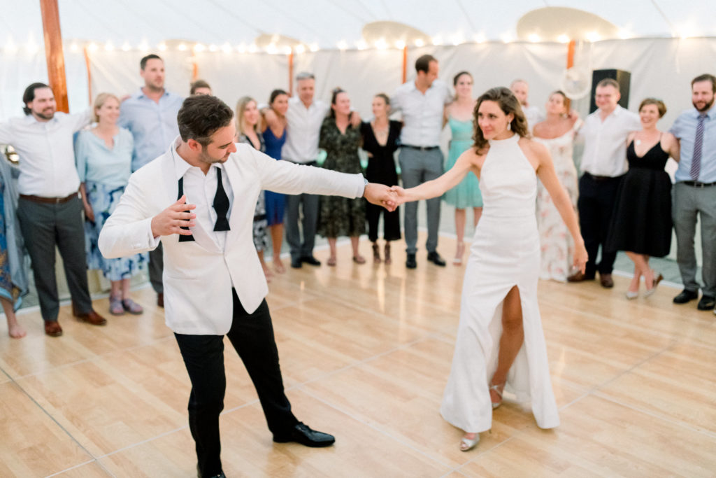 Wentworth by the Sea Country Club Rye NH wedding, BHLDN reception dress, Indochino white tux, Sperry sailcloth tent