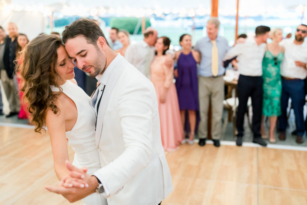 Wentworth by the Sea Country Club Rye NH wedding, BHLDN reception dress, Indochino white tux, Sperry sailcloth tent