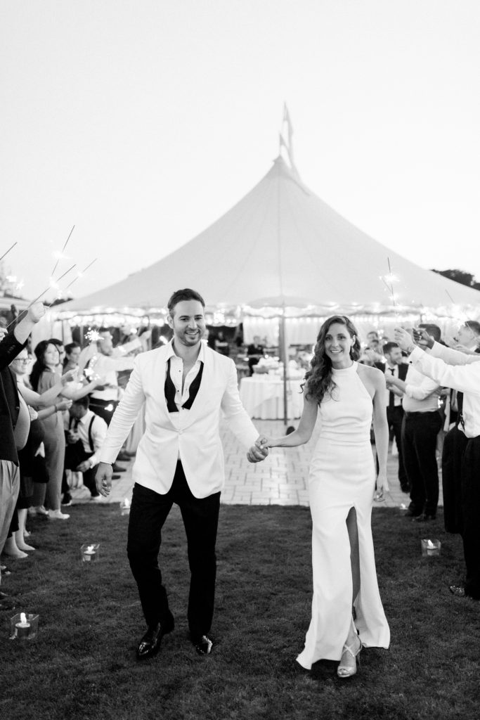 Wentworth by the Sea Country Club Rye NH wedding, BHLDN reception dress, Indochino white tux, Sperry sailcloth tent sparkler exit