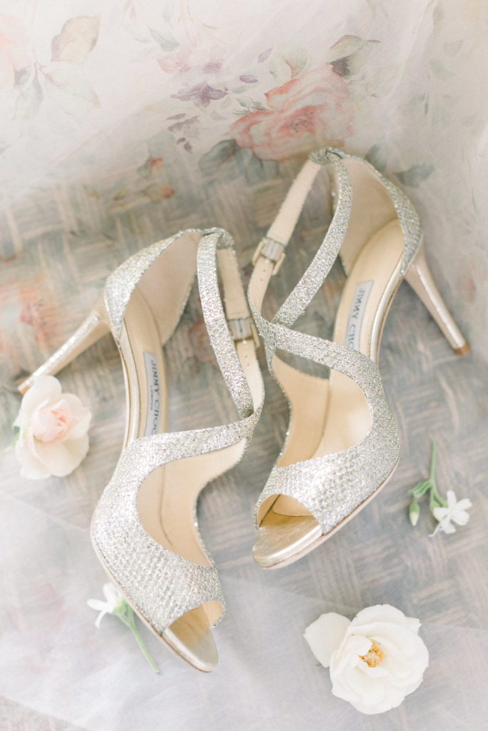 Jimmy Choo gold heels with Lazaro floral gown at Wentworth by the Sea Country Club NH wedding