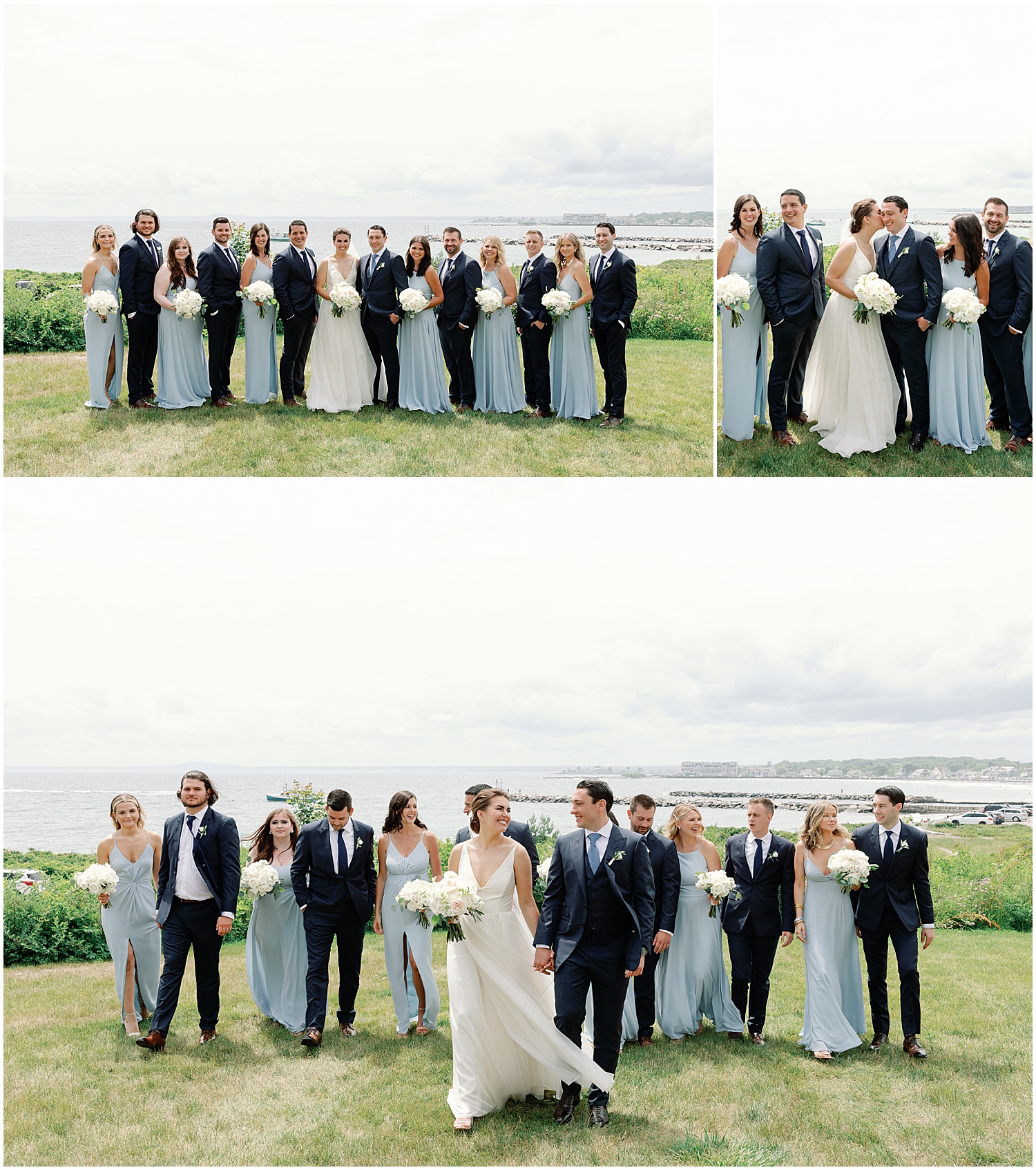 light blue and navy wedding party at coastal maine wedding