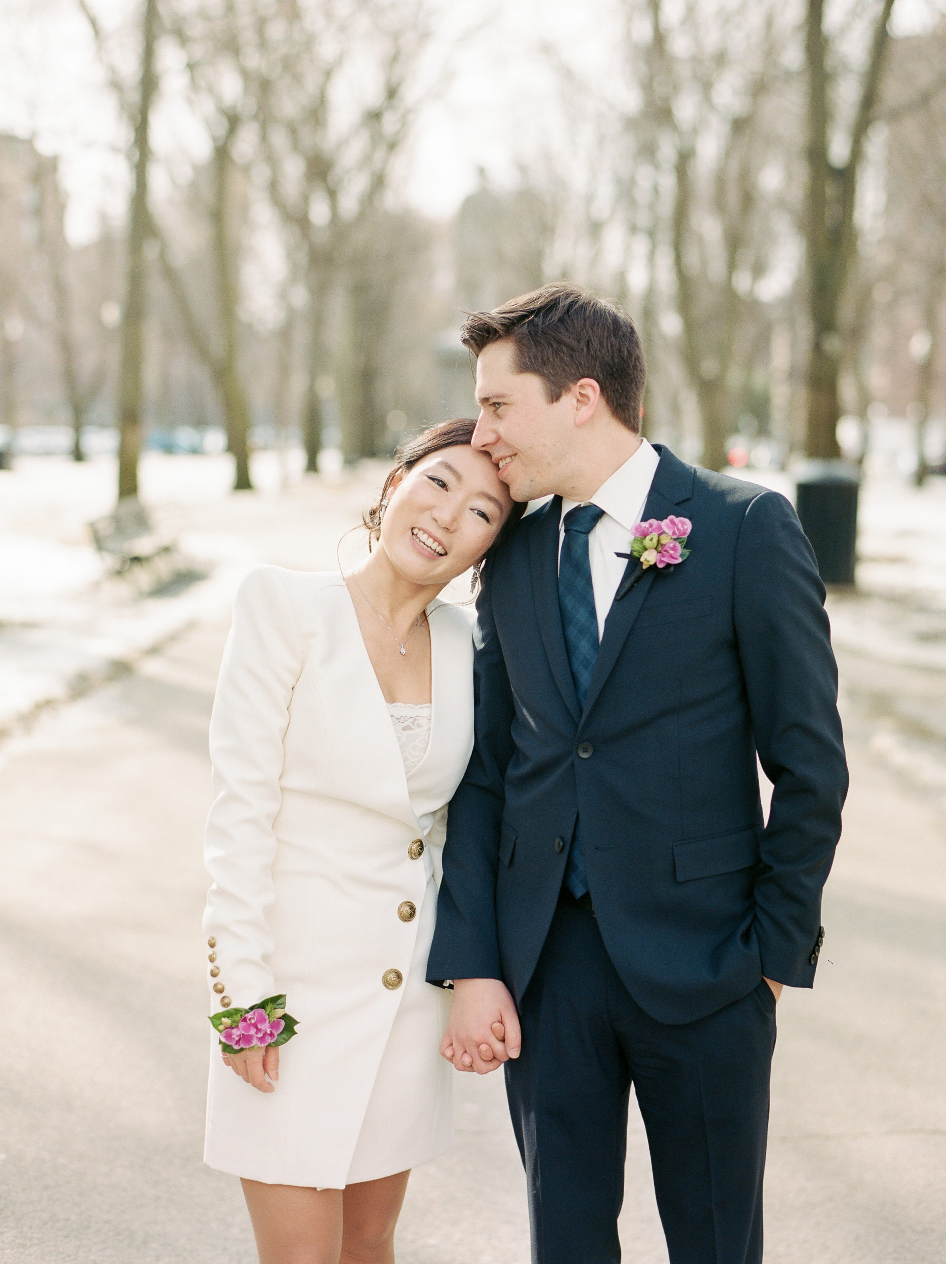 Winter elopement photos on Comm Ave