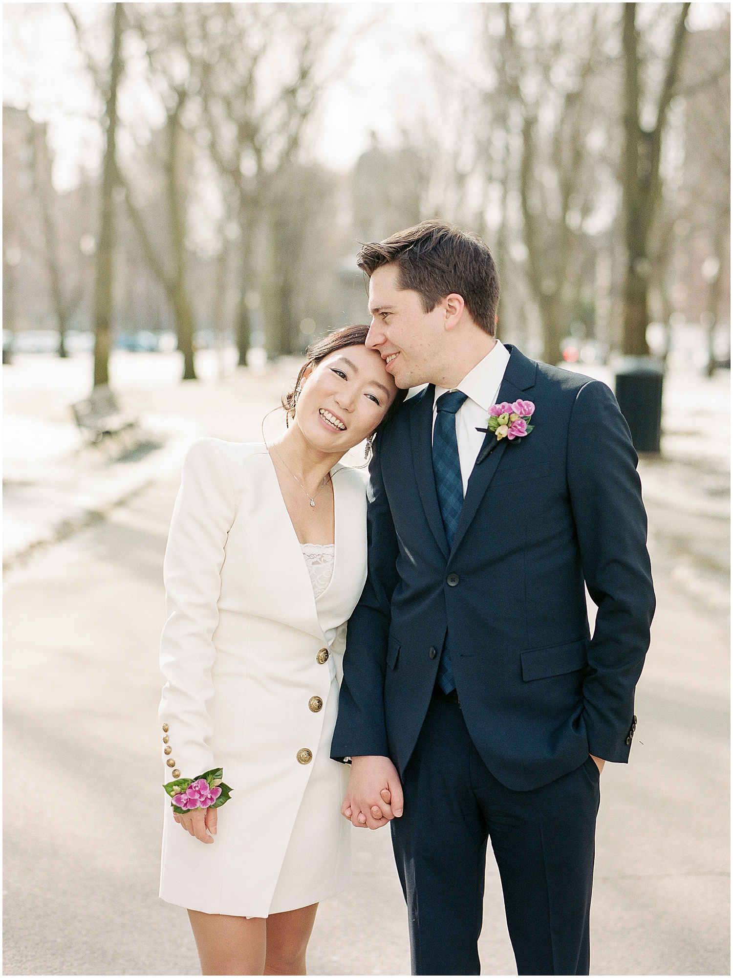 Winter elopement photos on Comm Ave