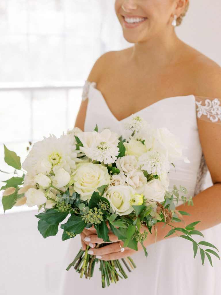 All white bridal bouquet for Dune at Wychmere Beach Club Wedding