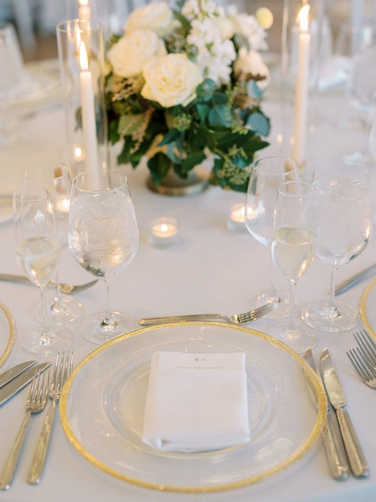 Gold rimmed chargers for Dune at Wychmere Beach Club wedding