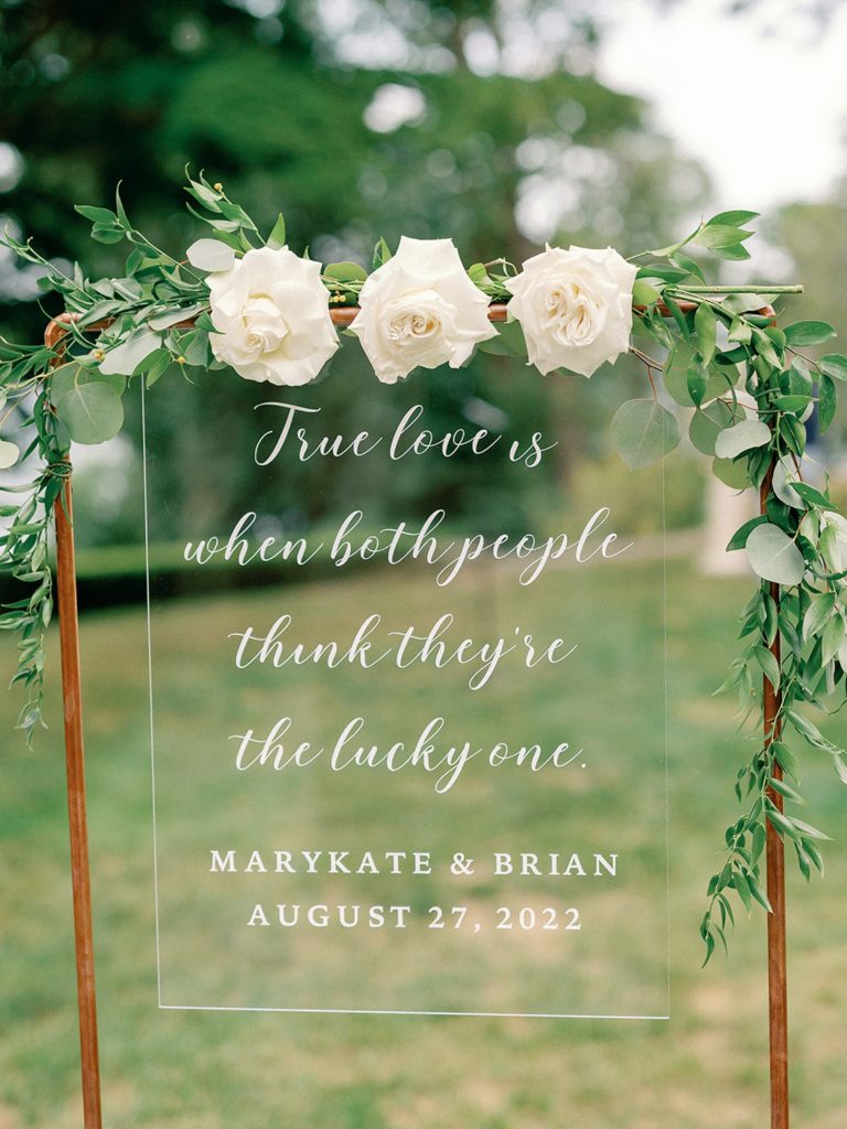 Unique acrylic ceremony sign for Newport wedding