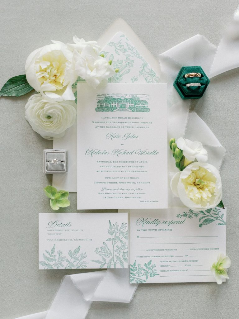 Woodstock Inn & Resort Invitation suite Flatlay with wedding rings