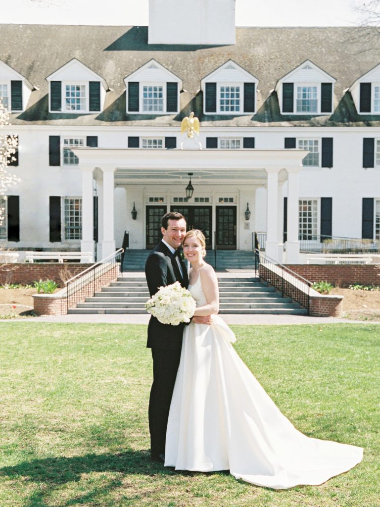 Bride and groom portrait for spring wedding at the Woodstock Inn in Vermont