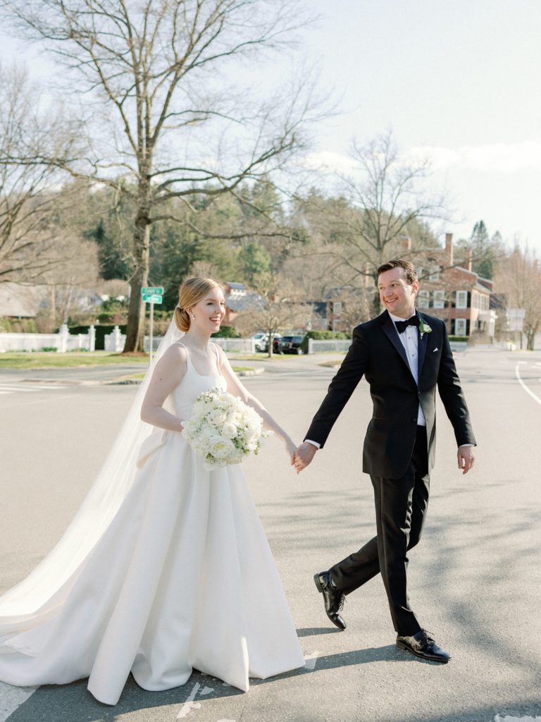 Bride and groom portrait for spring wedding at the Woodstock Inn in Vermont