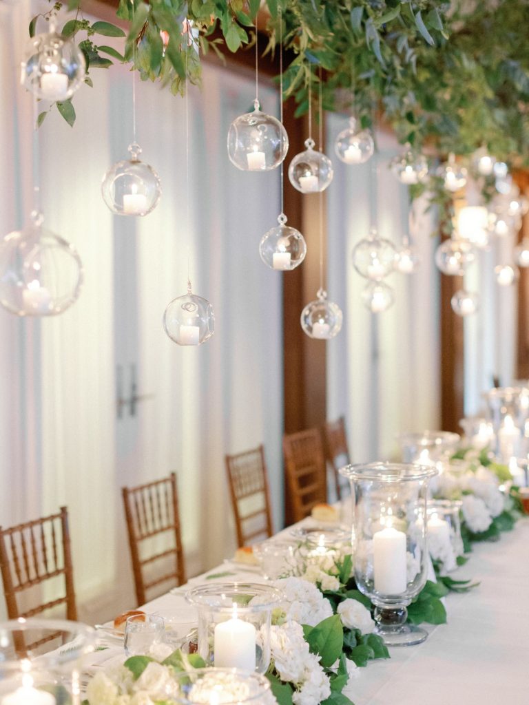 Hanging candles Reception decor at the Woodstock Inn for spring wedding