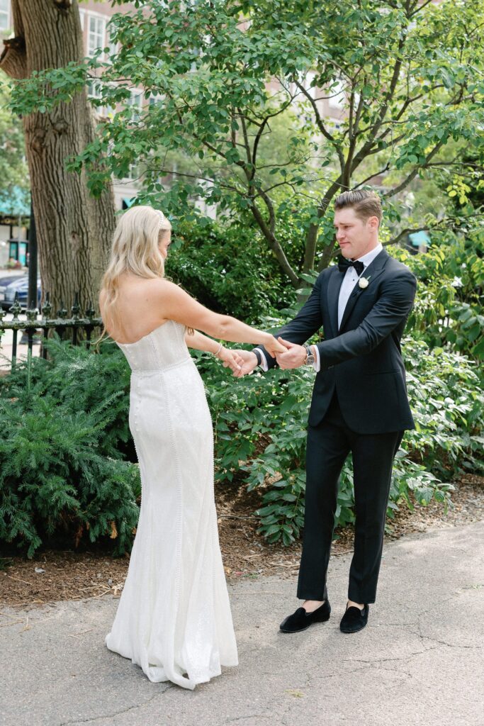 Bride and groom first look in the Boston Public Garden