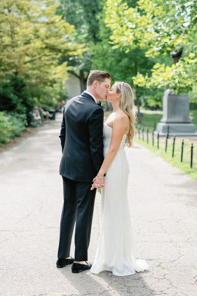 Bride and groom wedding portrait in the Boston Public Garden