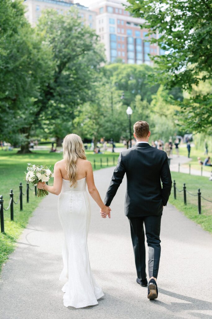 Bride and groom wedding portrait in the Boston Public Garden