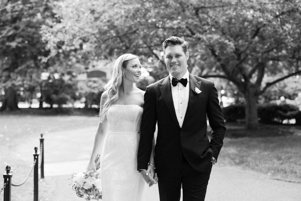 Bride and groom black and white wedding portrait in the Boston Public Garden