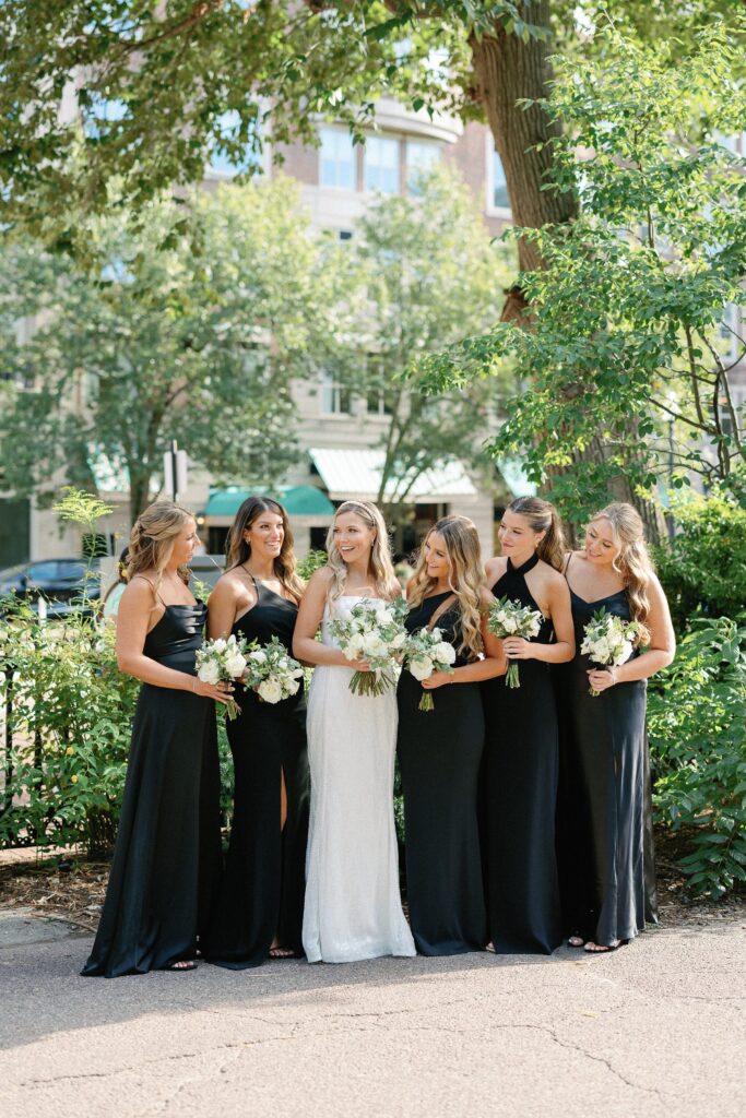 Bride and bridesmaids wedding portrait in the Boston Public Garden