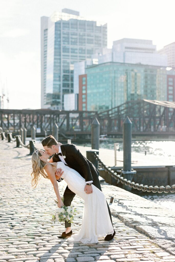 Bride and groom wedding portrait in the Boston's Seaport