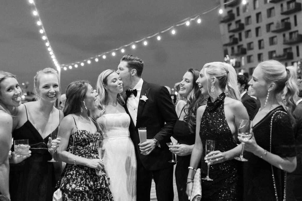 Bride and groom at cocktail hour at Boston's Institute of Contemporary Art