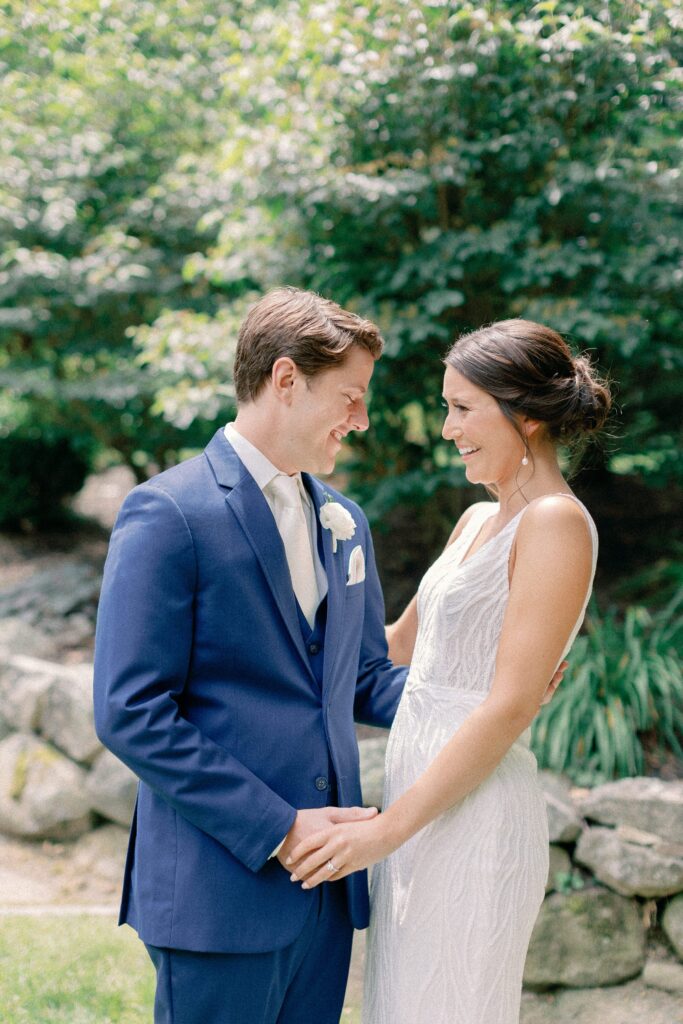 Bride and groom first look for Coastal New England Tented Wedding