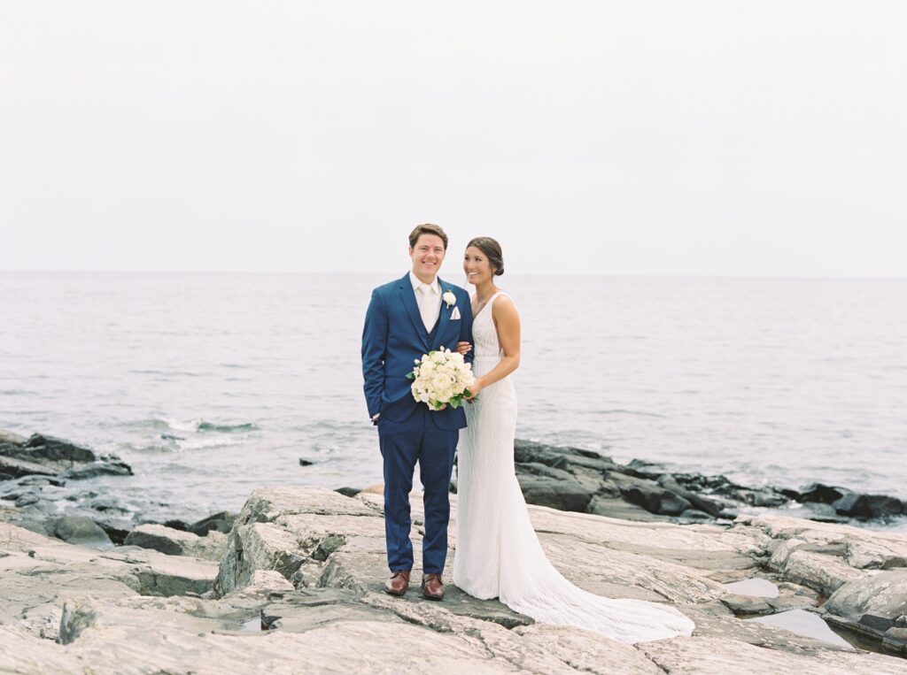 Bride and groom summer wedding day portraits on the coast of New Hampshire