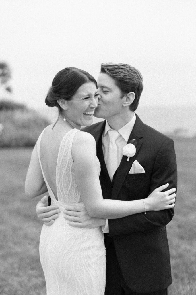 Bride and groom summer wedding day portraits on the coast of New Hampshire