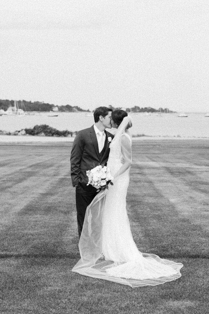 Bride and groom summer wedding day portraits on the coast of New Hampshire