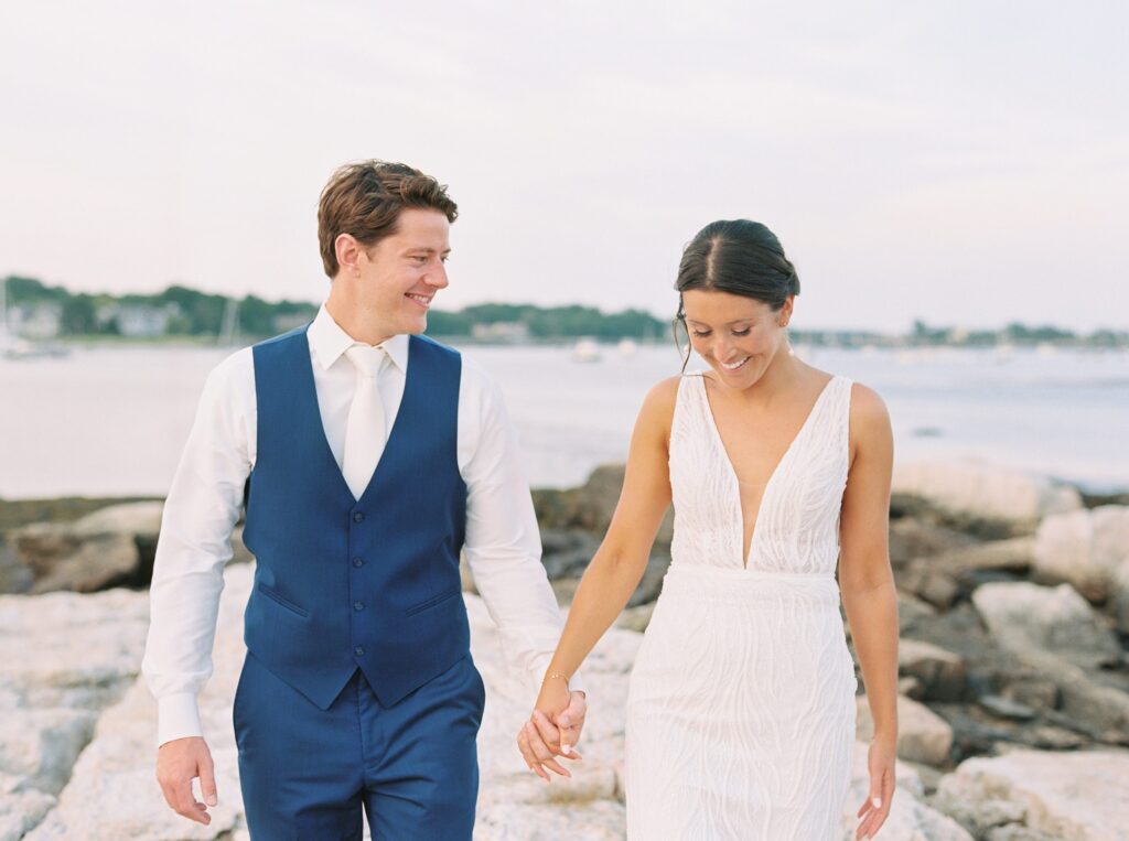 Bride and groom sunset portraits for Coastal New England Tented Wedding at Wentworth by the Sea