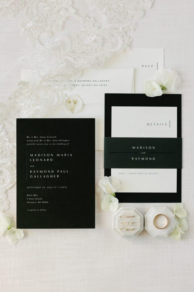 Modern wedding invitation flat lay detail photo for Belle Mer wedding