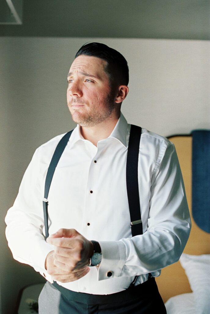Groom getting ready portrait for Newport wedding