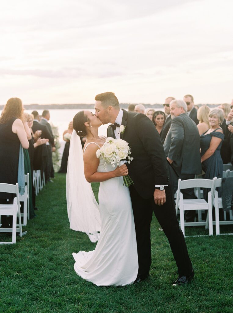 Bride and groom wedding ceremony at Belle Mer in Newport, RI
